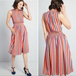 ModCloth Midi Dress Savor the Occasion Woven A-line Rainbow Striped Stretch S